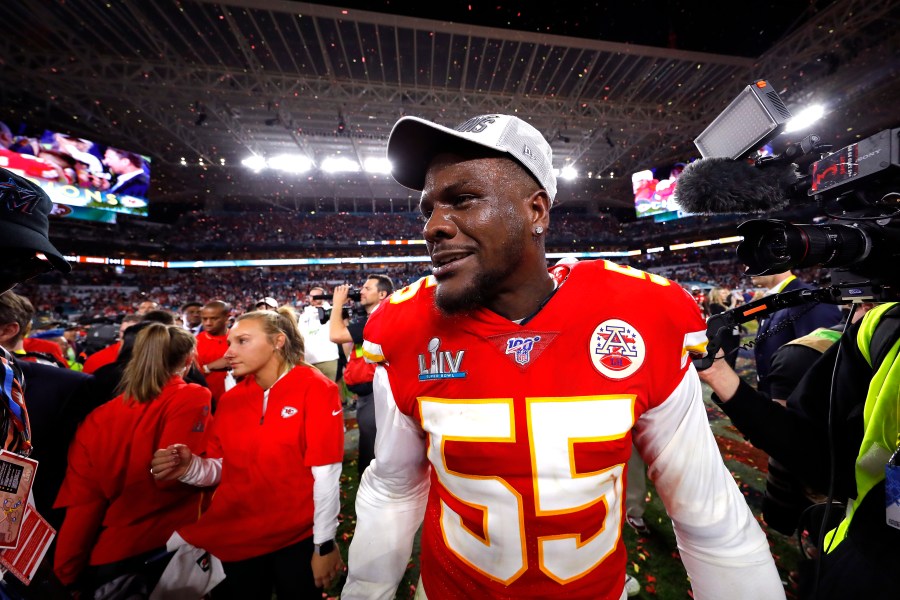 Frank Clark #55 of the Kansas City Chiefs reacts after defeating San Francisco 49ers by in Super Bowl LIV at Hard Rock Stadium on Feb. 2, 2020 in Miami, Florida. (Kevin C. Cox/Getty Images)