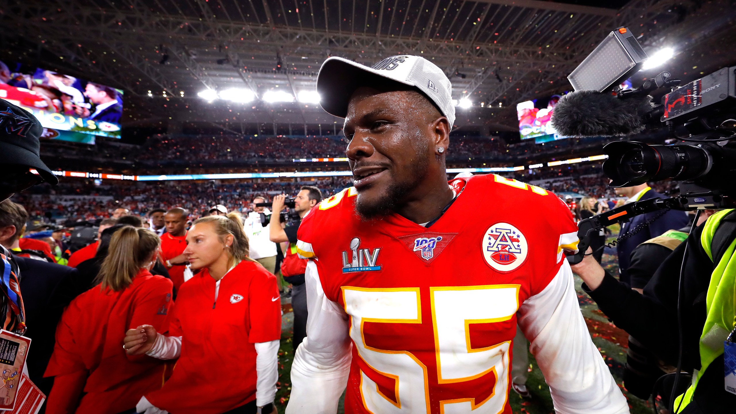 Frank Clark of the Kansas City Chiefs reacts after defeating San Francisco 49ers by 31 - 20 in Super Bowl LIV at Hard Rock Stadium on Feb. 02, 2020 in Miami, Florida. (Kevin C. Cox/Getty Images)