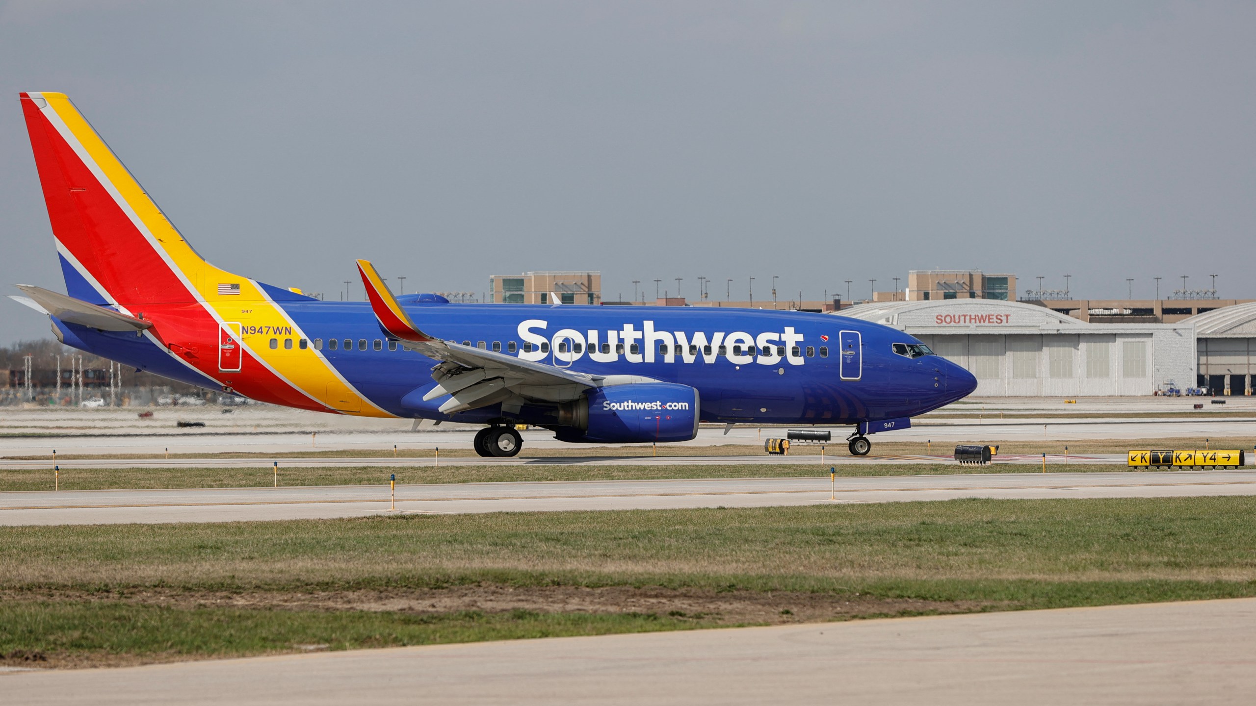 A Southwest Airlines Boeing 737-700 jet taxis to the gate after landing at Midway International Airport in Chicago, Illinois, on April 6, 2021. (Photo by KAMIL KRZACZYNSKI / AFP) (Photo by KAMIL KRZACZYNSKI/AFP via Getty Images)