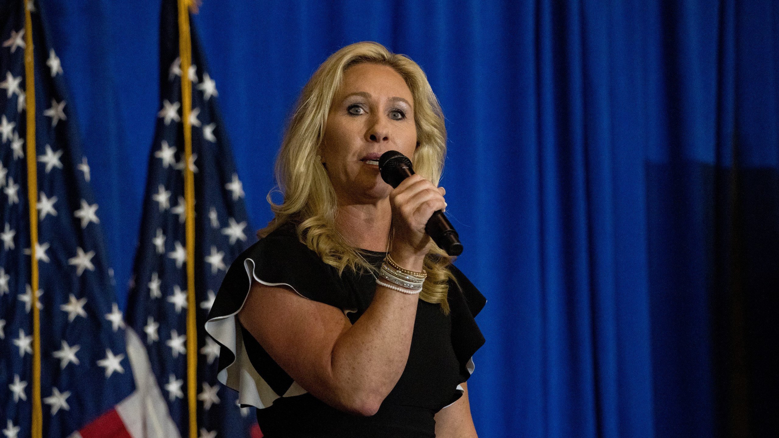 Rep. Marjorie Taylor Greene, R-Georgia, speaks at an America First Rally on May 27, 2021 in Dalton, Georgia. (Megan Varner/Getty Images)