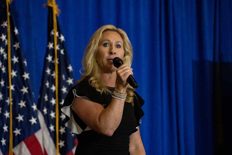 Rep. Marjorie Taylor Greene, R-Georgia, speaks at an America First Rally on May 27, 2021 in Dalton, Georgia. (Megan Varner/Getty Images)