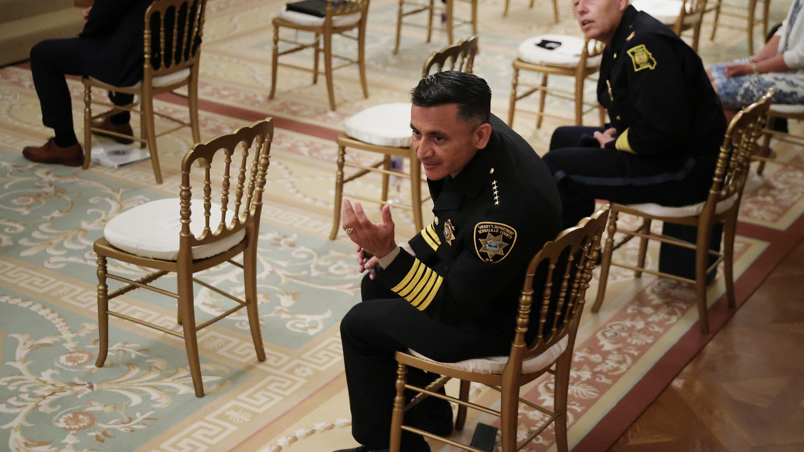 Bernalillo County New Mexico Sheriff Manuel Gonzales III (L) and Kansas City Missouri Police Chief Richard Smith attend an event with U.S. President Donald Trump about Operation Legend' in the East Room of the White House on July 22, 2020. (Chip Somodevilla/Getty Images)