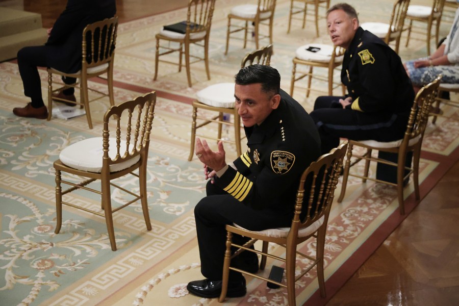 Bernalillo County New Mexico Sheriff Manuel Gonzales III (L) and Kansas City Missouri Police Chief Richard Smith attend an event with U.S. President Donald Trump about Operation Legend' in the East Room of the White House on July 22, 2020. (Chip Somodevilla/Getty Images)