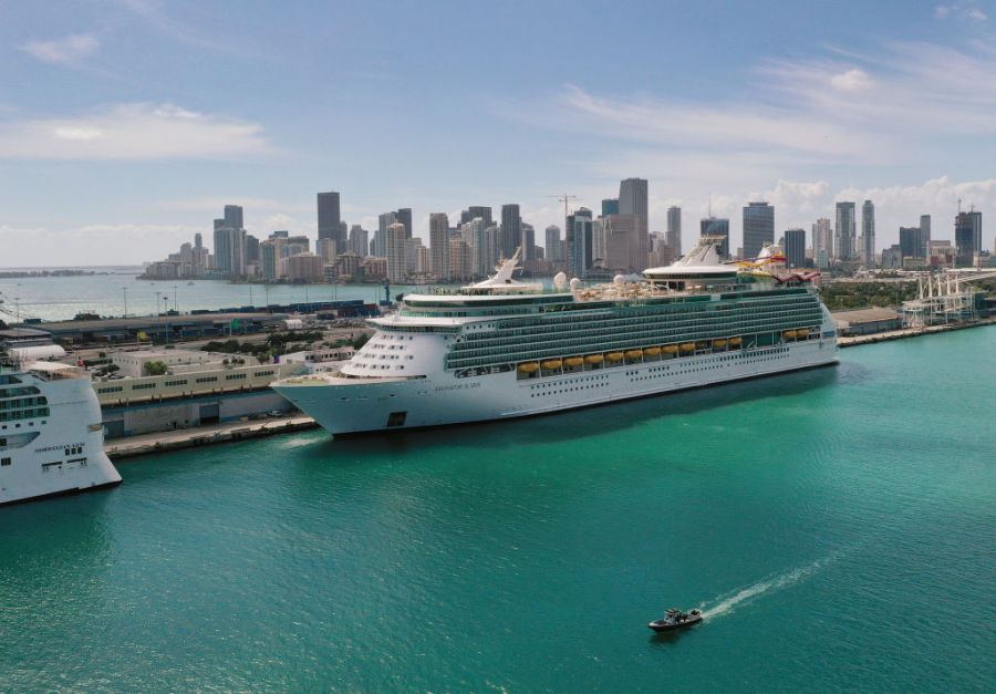 This file photo shows an aerial view from a drone of a Royal Caribbean cruise ship docked at PortMiami on March 02, 2021 in Miami, Florida. (Joe Raedle/Getty Images)