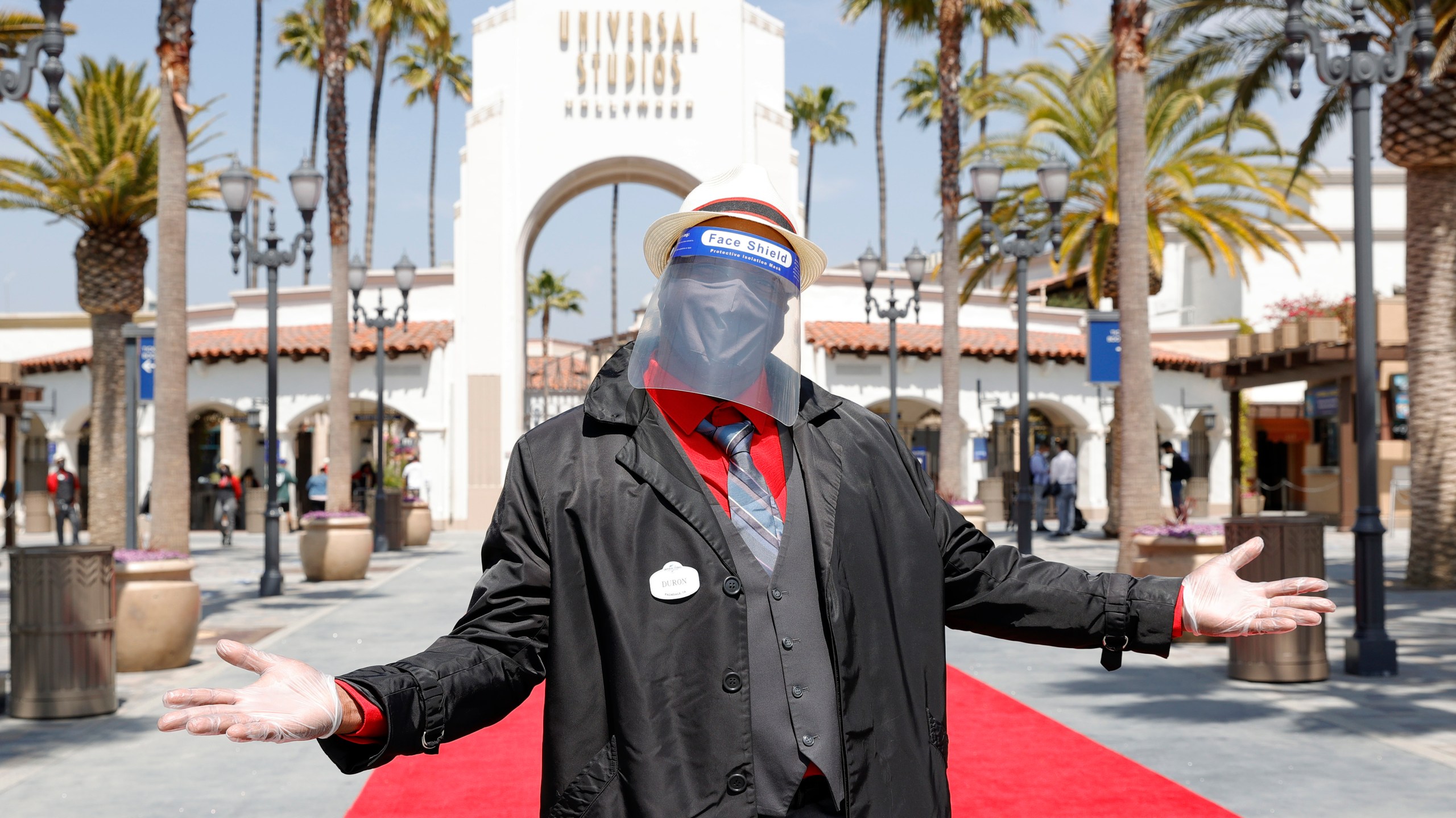 An employee is seen ahead of the grand reopening of Universal Studios Hollywood on April 15, 2021, in Universal City, California. (Amy Sussman/Getty Images)