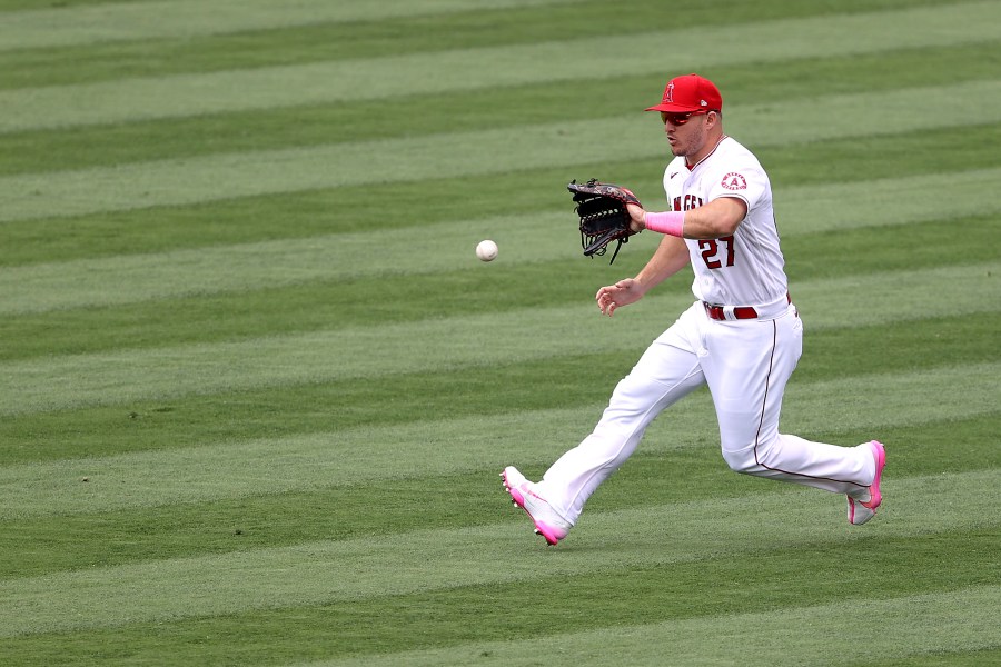 Mike Trout #27 of the Los Angeles Angels fields a fly ball on May 9, 2021. (Photo by Sean M. Haffey/Getty Images)