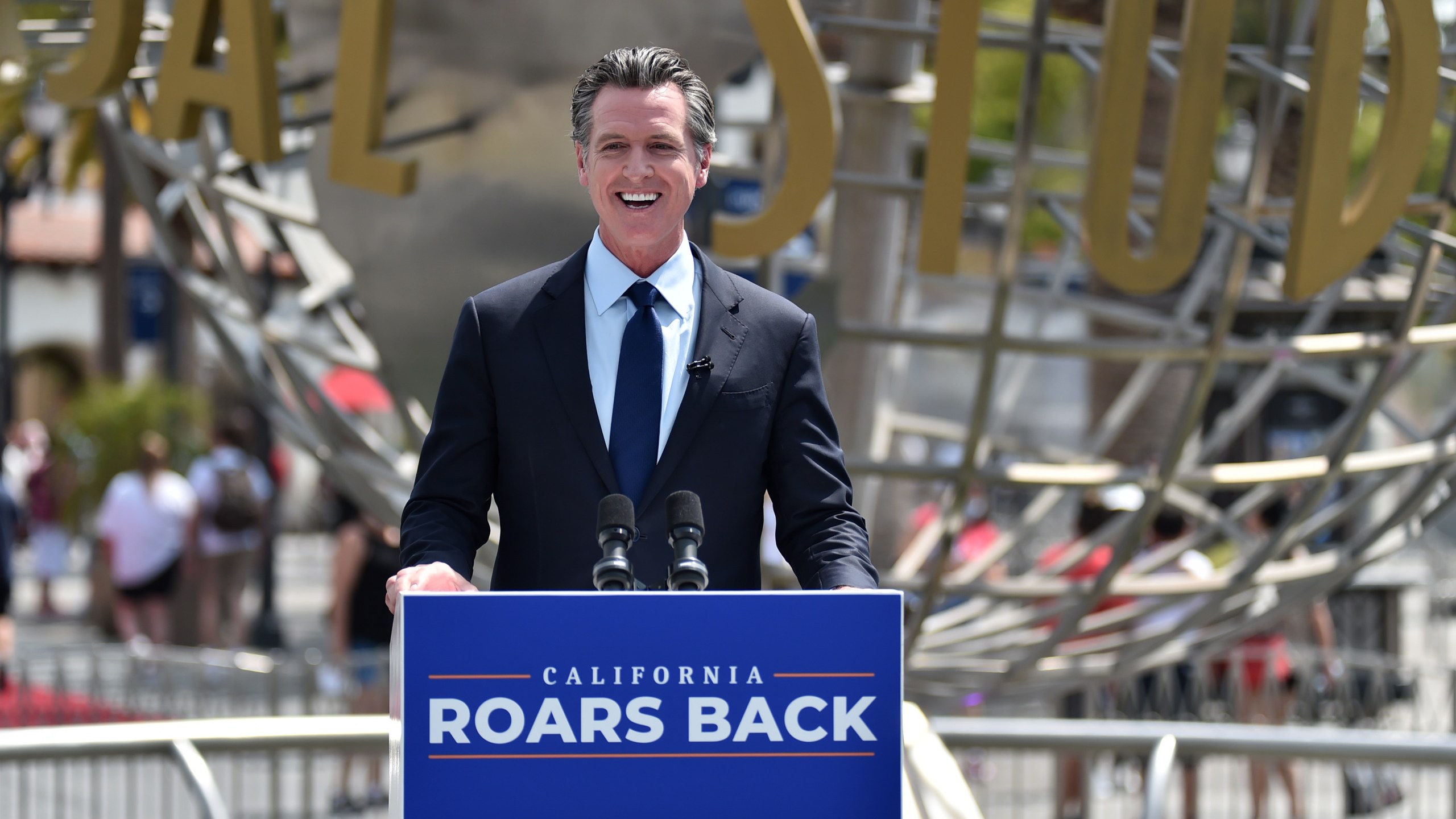 Gov. Gavin Newsom is seen at a news conference at Universal Studios Hollywood for the official reopening of the state of California on June 15, 2021 in Universal City. (Alberto E. Rodriguez/Getty Images)