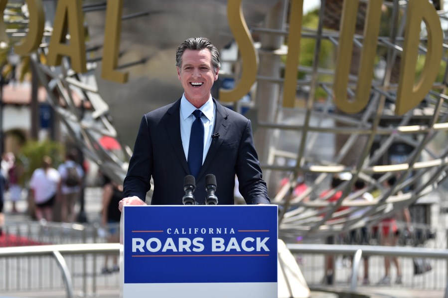 Gov. Gavin Newsom is seen at a news conference at Universal Studios Hollywood for the official reopening of the state of California on June 15, 2021 in Universal City. (Alberto E. Rodriguez/Getty Images)