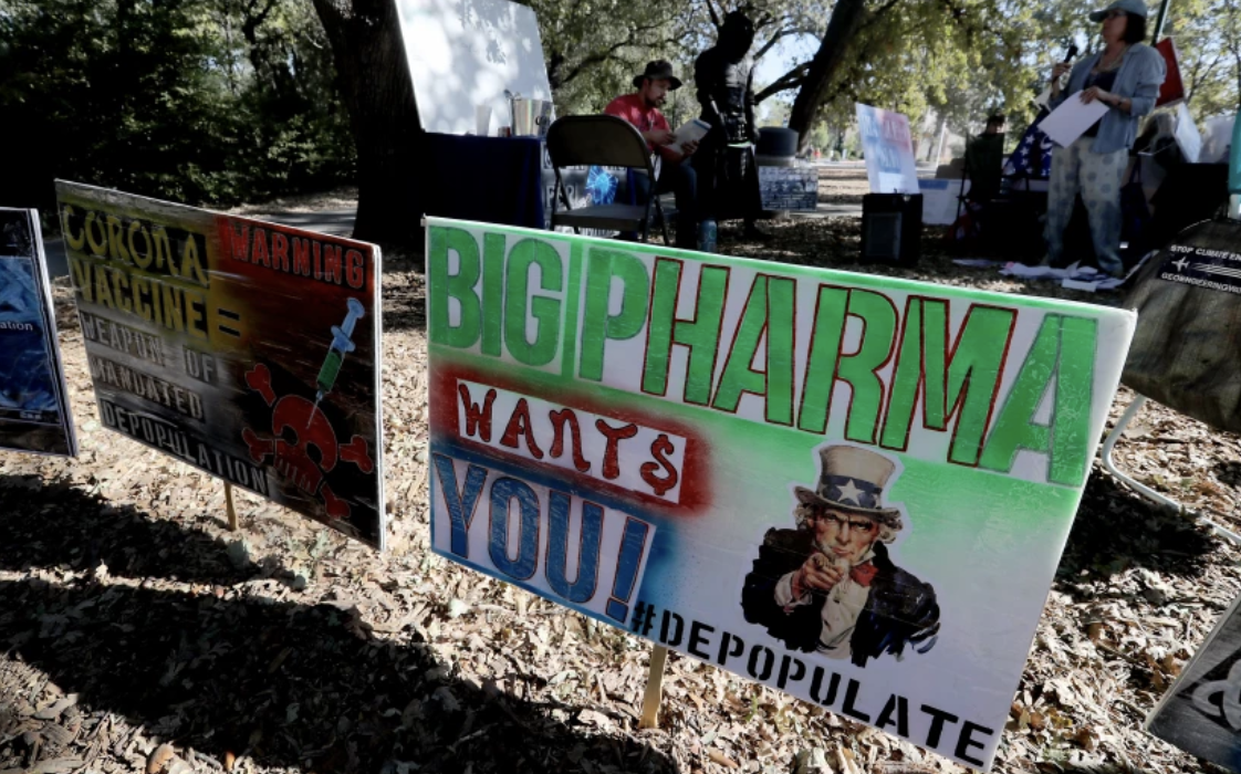 In October 2020, protesters hold an open-mic event for people against coronavirus restrictions and vaccines in Redding.(Luis Sinco / Los Angeles Times)