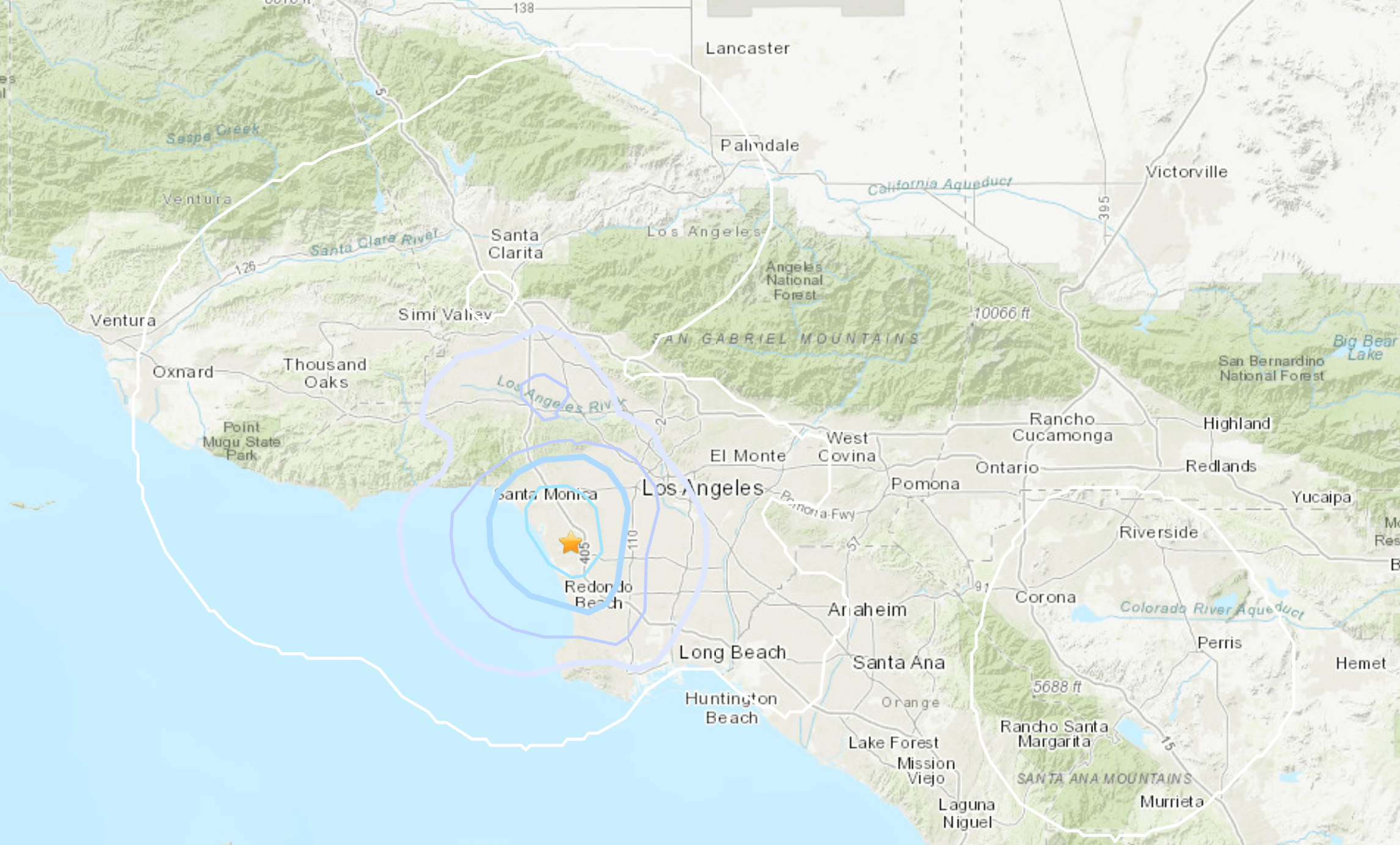 A USGS map shows the location of a magnitude 3.4 earthquake that struck near LAX at 5:08 p.m. June 23, 2021.