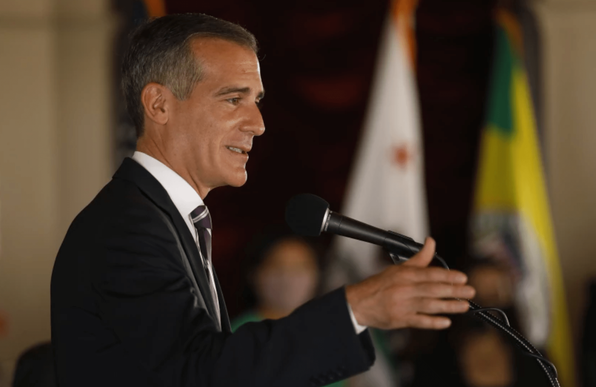 Mayor Eric Garcetti is seen at a City Hall news conference. (Al Seib / Los Angeles Times)