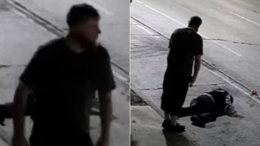 Images of a man accused of assaulting an Asian American woman in Culver City in a possible hate crime, with the victim on the ground at right, are seen in stills from surveillance video released June 15, 2021, by the Culver City Police Department.