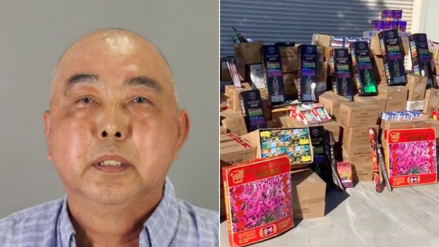 Sam San of San Francisco, left, and illegal fireworks seized are seen in photos released in June 2021 by the San Mateo County Sheriff’s Office.