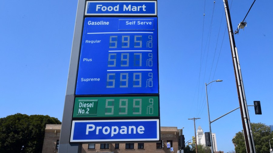 Some of the highest gas prices in town are posted on a signboard at a gas station in downtown Los Angeles on June 22, 2021, as gasoline prices rise. (FREDERIC J. BROWN/AFP via Getty Images)