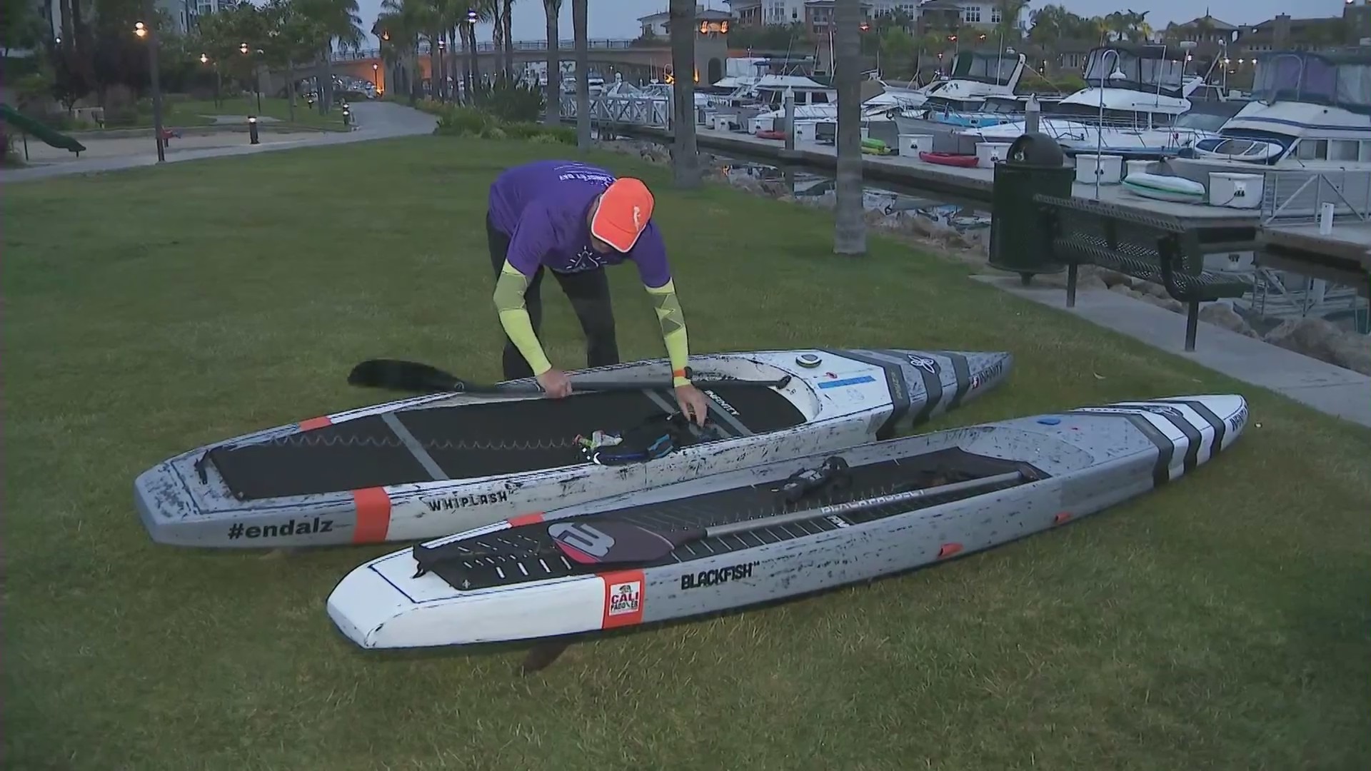 Juerg Geser got up before sunrise to start his 15-hour paddleboard journey as part of the Alzheimer's Association's Longest Day Campaign in honor of his father who is battling Alzheimer's Disease back home in Switzerland on June 20, 2021.