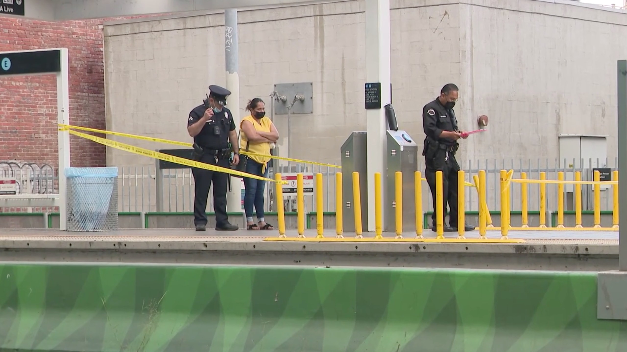 Police respond to investigate a stabbing at a Metro station in downtown Los Angeles on June 22, 2021. (KTLA)