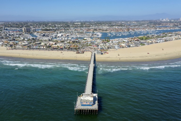 The Newport Pier and beach at Newport Beach are seen in this undated aerial photo. (Allen J. Schaben / Los Angeles Times)