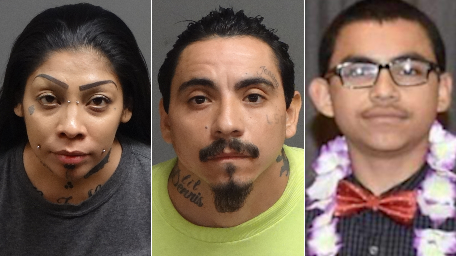 Jessica Grajeda, left, and George Luis Almaraz, center, appear in photos released by the Pomona Police Department on June 3, 2021. George Almaraz is seen an undated photo provided to KTLA by his family.