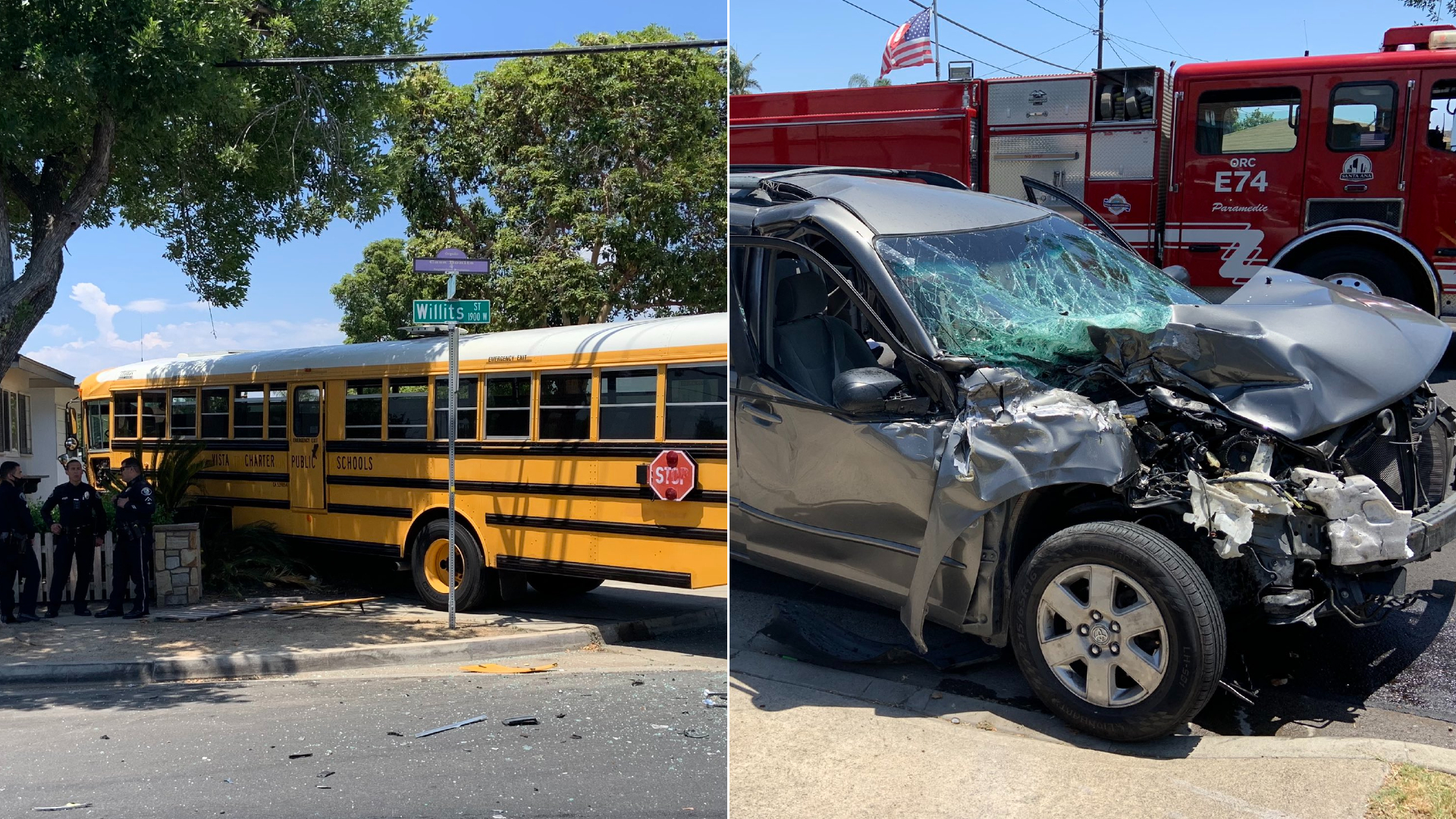 A minivan and school bus are seen following a collision in Santa Ana on June 28, 2021, in photos released by the Santa Ana Police Department.