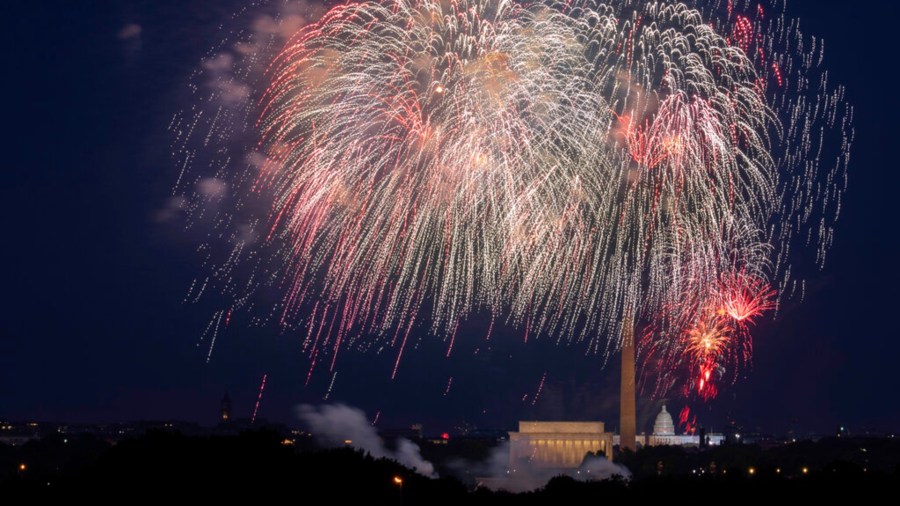 In this Saturday, July 4, 2020, file photo, Fourth of July fireworks explode over the Lincoln Memorial, the Washington Monument and the U.S. Capitol along the National Mall in Washington. (AP Photo/Cliff Owen, File)