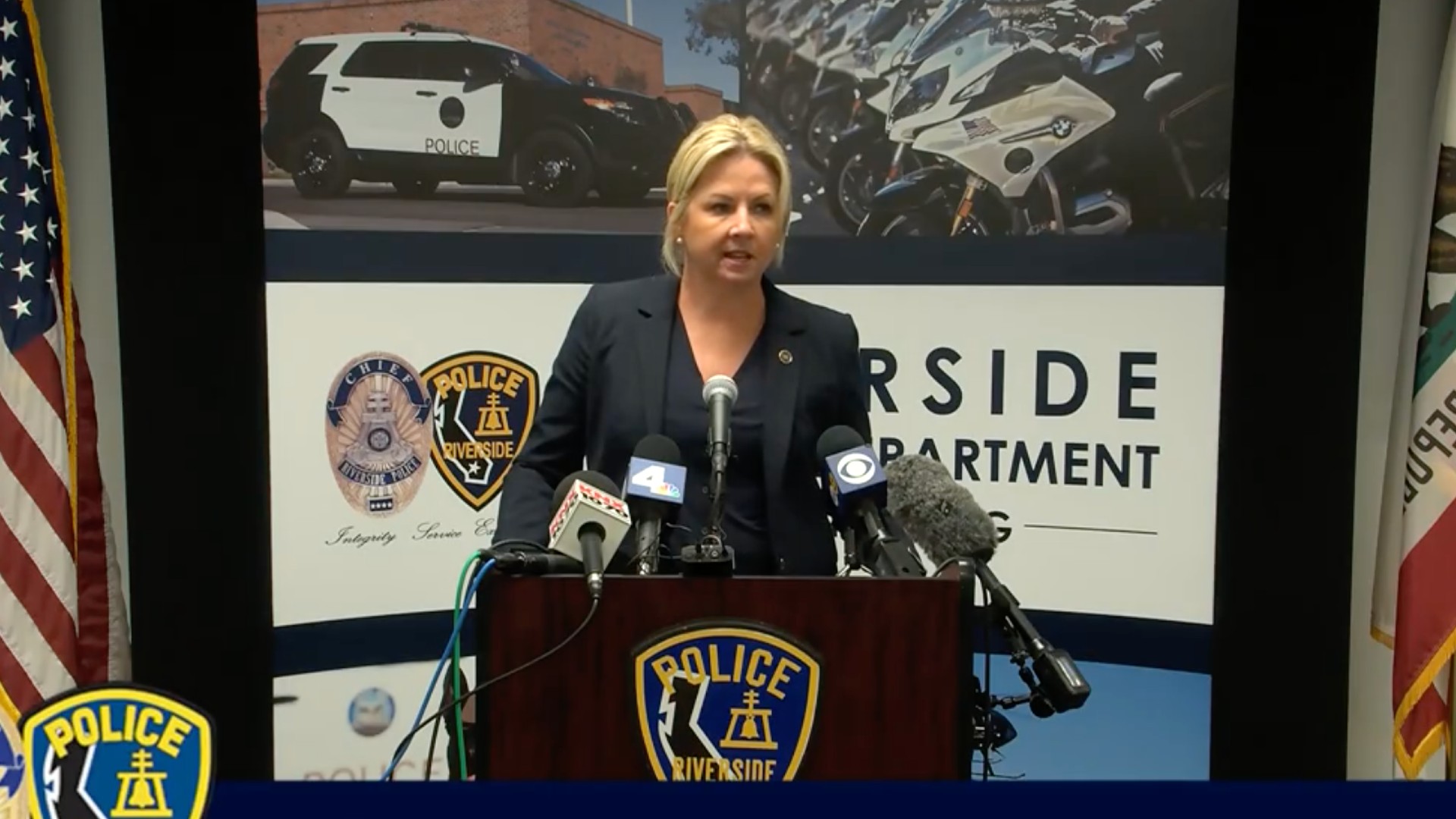 The screen capture shows Kristi Koons Johnson, FBI Assistant Director in Charge, speaking during a live streamed press conference at the Riverside Police Department on June 9, 2021.