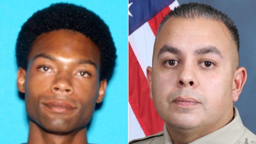 Bilal Shabazz, left, and Sgt. Dominic Vaca are seen in undated photos released by the San Bernardino County Sheriff’s Department.