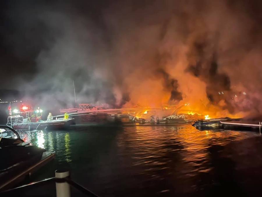 Multiple boats burn on Lake Arrowhead on July 16, 2021. (San Bernardino County Fire)