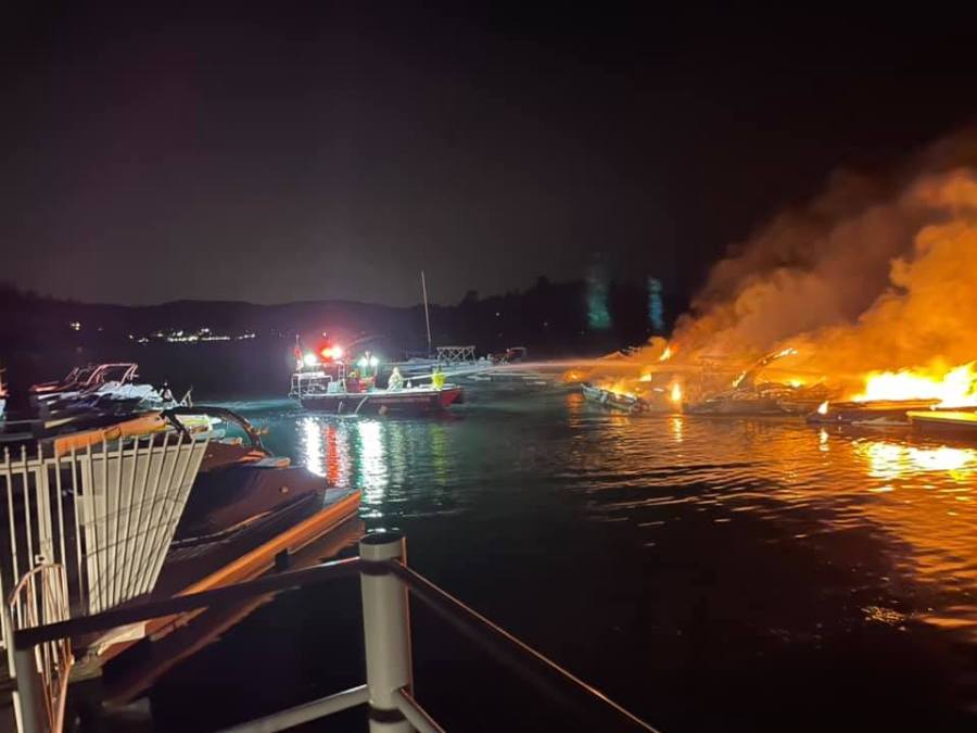 Multiple boats burn on Lake Arrowhead on July 16, 2021. (San Bernardino County Fire)