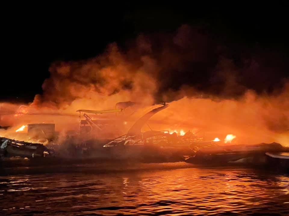 Multiple boats burn on Lake Arrowhead on July 16, 2021. (San Bernardino County Fire)