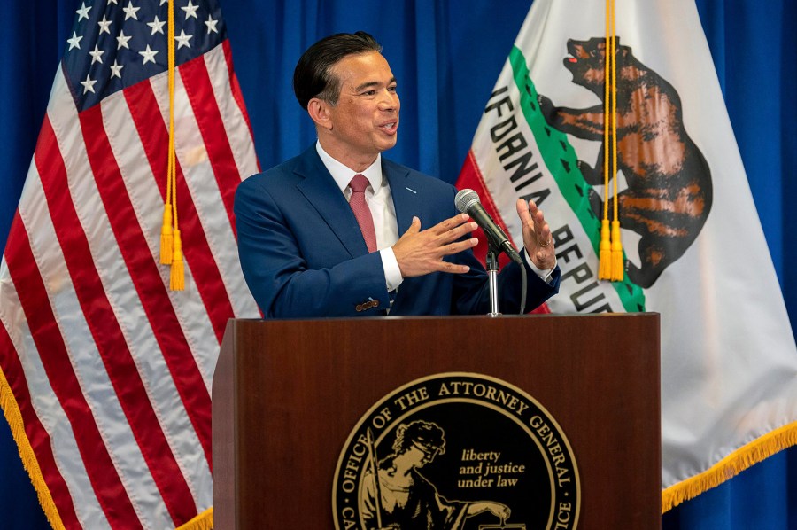 In this April 23, 2021, file photo, California Attorney General Rob Bonta speaks in Sacramento, Calif. (Paul Kitagaki Jr./The Sacramento Bee via AP, Pool, File)