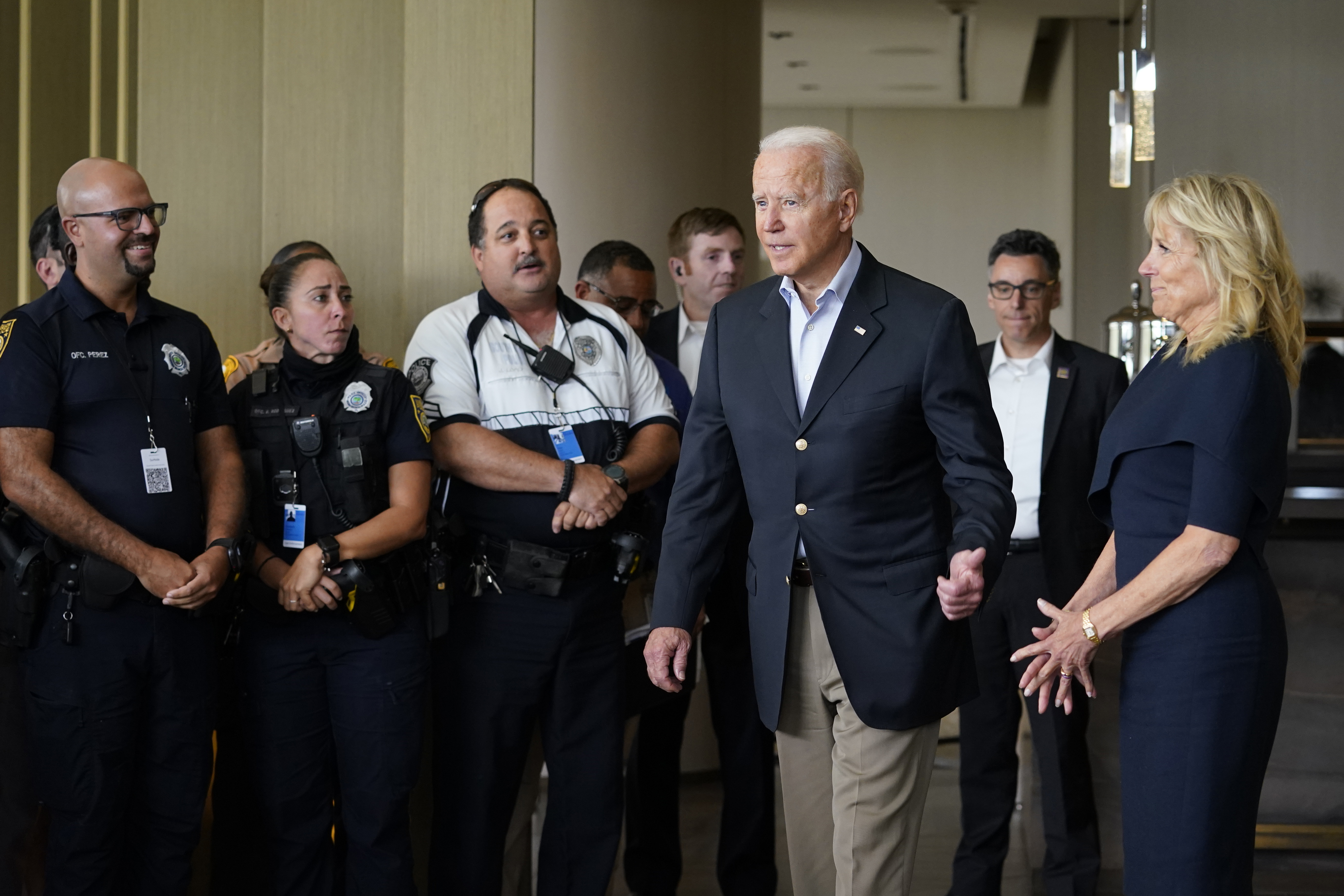 President Joe Biden and first lady Jill Biden arrive to meet with first responders in Miami Beach, Fla. on July 1, 2021. (Susan Walsh)