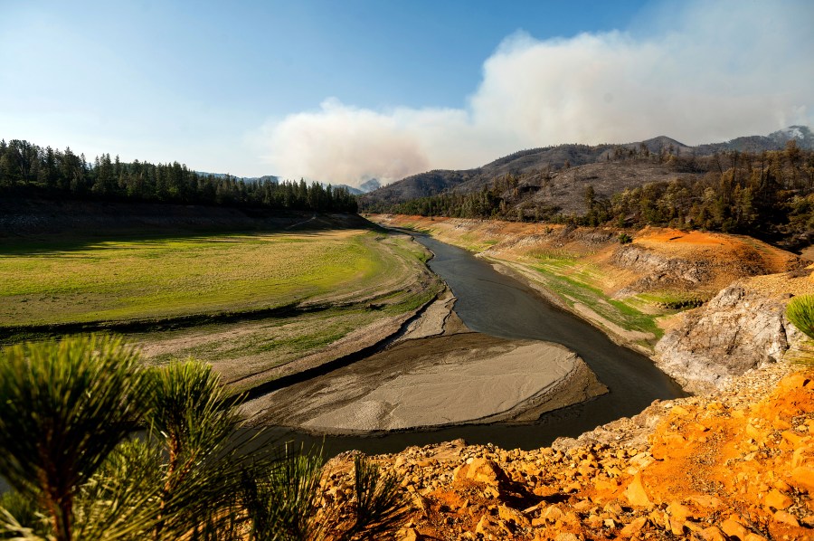 Smoke from the Salt Fire rises above Lake Shasta, which was at 38 percent of capacity at the time of this photo, on Friday, July 2, 2021, in unincorporated Shasta County, Calif. (AP Photo/Noah Berger)