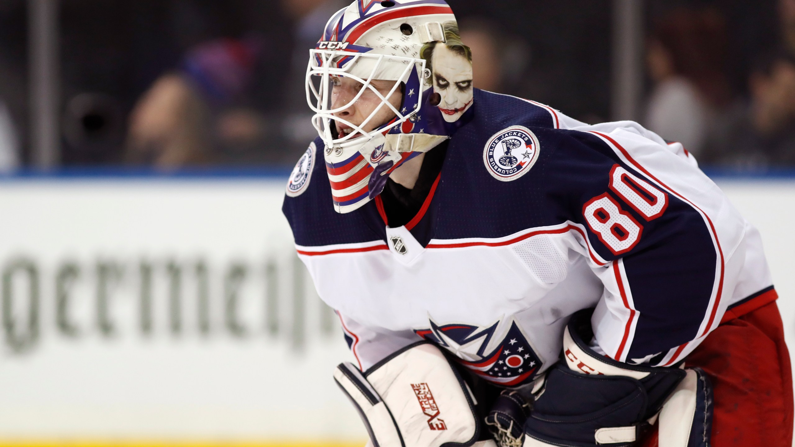 Columbus Blue Jackets goaltender Matiss Kivlenieks (80) is shown during the second period of an NHL hockey game in New York, in this Sunday, Jan. 19, 2020, file photo. The Columbus Blue Jackets and Latvian Hockey Federation said Monday, July 5, 2021, that 24-year-old goaltender Matiss Kivlenieks has died. The team said in a statement Kivlenieks died from an apparent head injury in a fall after medical personnel arrived. It was not immediately clear what caused the fall or where he was at the time of the incident, and multiple messages were left with team and national federation personnel that were not immediately returned.(AP Photo/Kathy Willens, File)