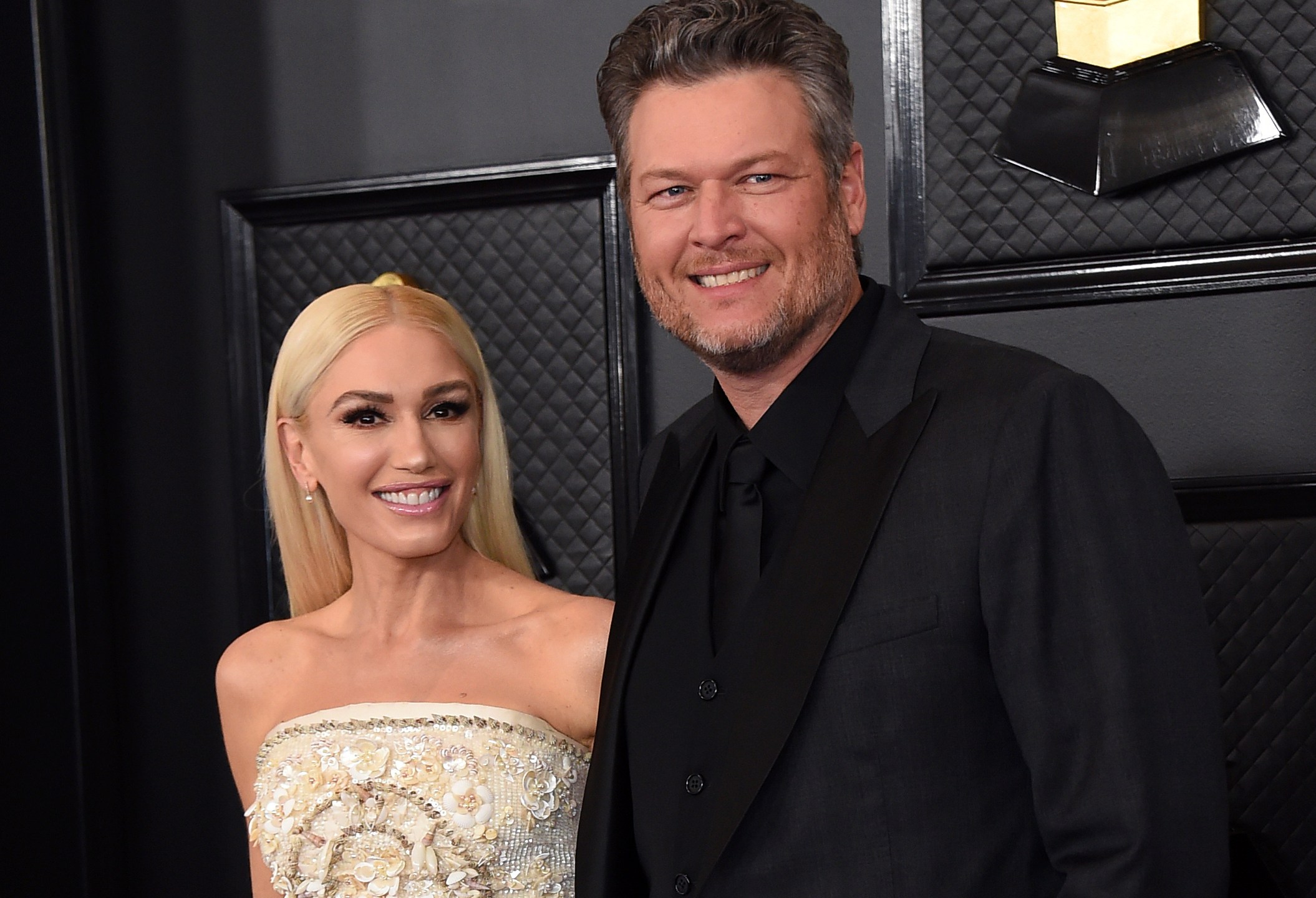 In this Jan. 26, 2020, file photo, Gwen Stefani, left, and Blake Shelton arrive at the 62nd annual Grammy Awards in Los Angeles. (Jordan Strauss/Invision/AP, File)