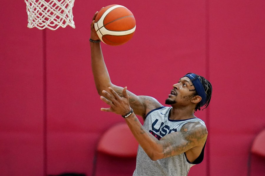 Bradley Beal shoots during practice for USA Basketball on July 6, 2021, in Las Vegas. (AP Photo/John Locher)