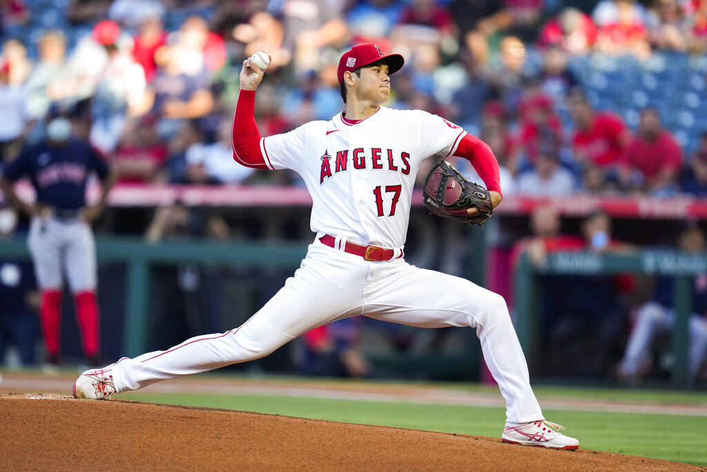 Los Angeles Angels starting pitcher Shohei Ohtani (17) throws during the first inning of a baseball game against the Boston Red Sox Tuesday, July 6, 2021, in Anaheim, Calif. (AP Photo/Ashley Landis)