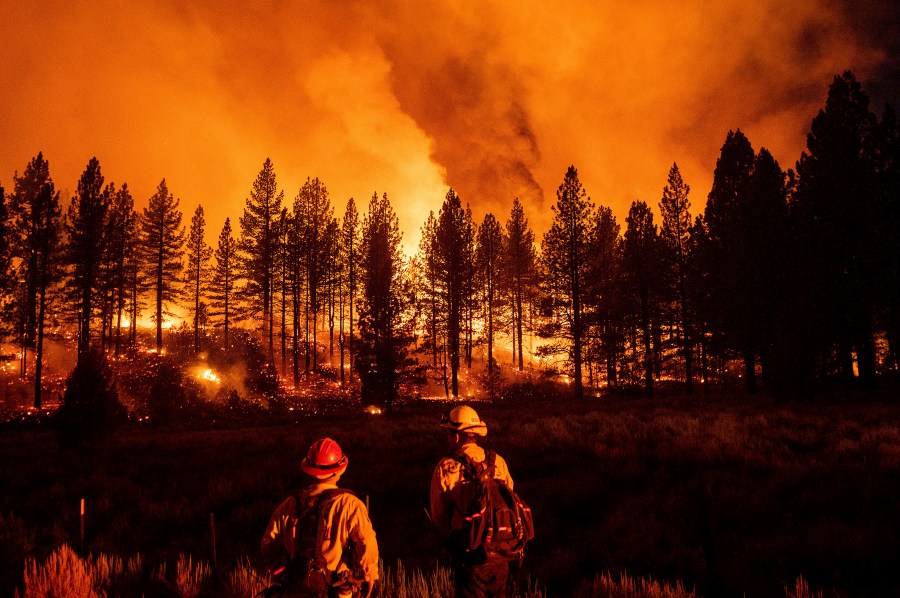 Firefighters monitor the Sugar Fire, part of the Beckwourth Complex Fire, as it burns at Frenchman Lake in Plumas National Forest on July 8, 2021. (Noah Berger / Associated Press)