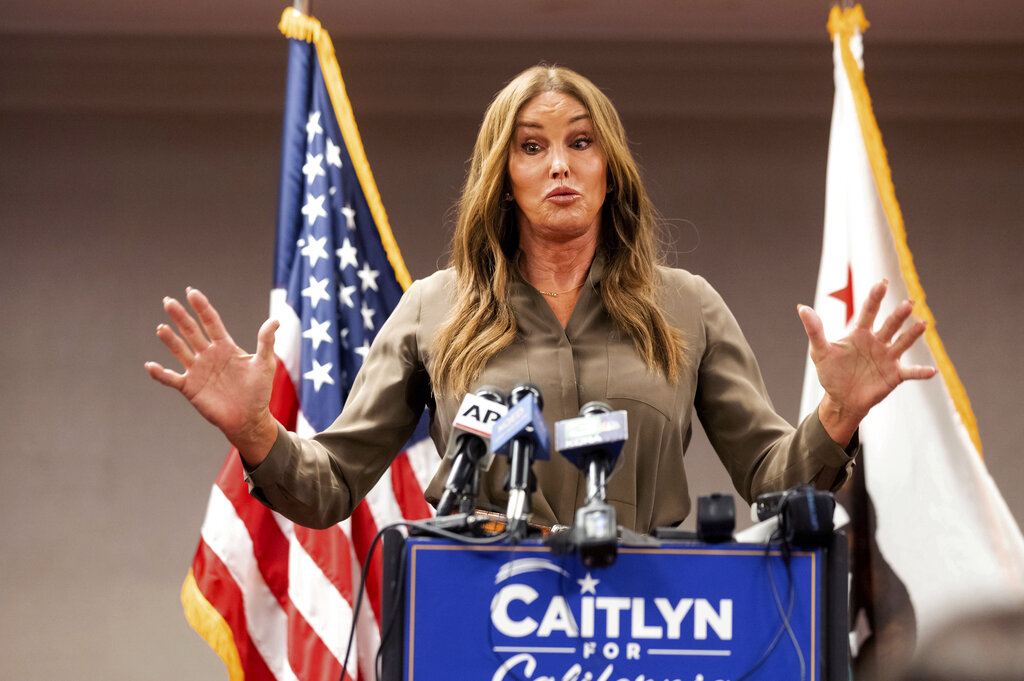 Caitlyn Jenner, Republican candidate for California governor, speaks during a news conference on Friday, July 9, 2021, in Sacramento, Calif. (AP Photo/Noah Berger)