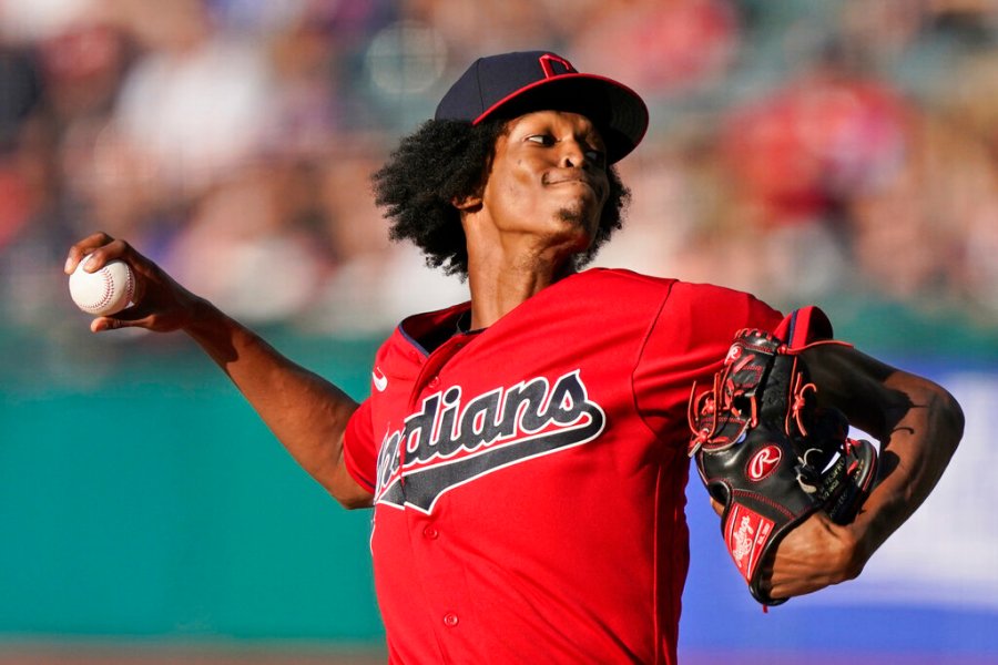 Cleveland Indians starting pitcher Triston McKenzie delivers in the first inning of a baseball game against the Kansas City Royals, Friday, July 9, 2021, in Cleveland. (AP Photo/Tony Dejak)