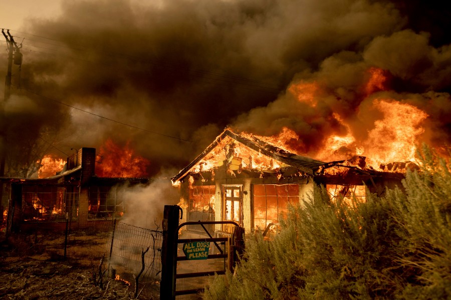 Fire consumes homes as the Sugar Fire, part of the Beckwourth Complex Fire, tears through Doyle, Calif., on Saturday, July 10, 2021. Pushed by heavy winds, the fire came out of the hills and destroyed multiple residences in central Doyle. (AP Photo/Noah Berger)