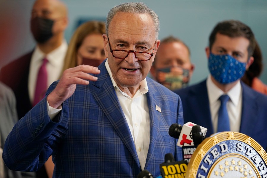 New York Sen. Chuck Schumer speaks during a news conference in New York, Monday, June 28, 2021. Schumer on Sunday, July 11, 2021 called on the Justice Department to investigate the National Rifle Association for bankruptcy fraud, saying the financially stable gun-rights group abused the system when it sought bankruptcy protection in the wake of a New York lawsuit seeking to put it out of business. (AP Photo/Seth Wenig, file)