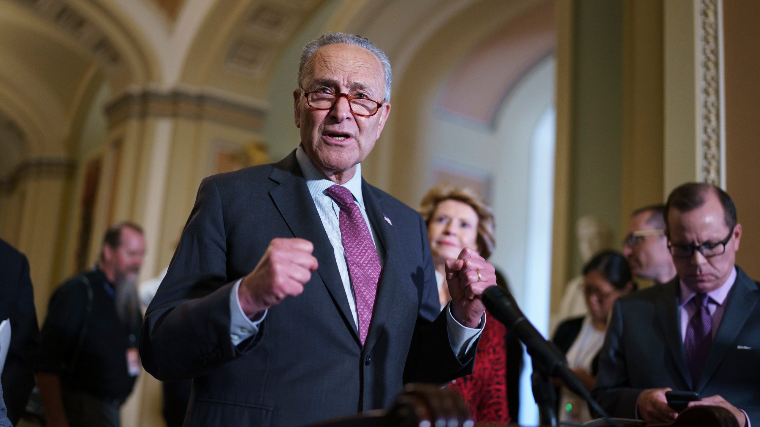 Senate Majority Leader Chuck Schumer, D-N.Y., speaks to reporters before meeting with Democratic members of the Texas Legislature who are trying to kill a Republican bill in Austin that would make it harder to vote in the Lone Star State, at the Capitol in Washington on July 13, 2021. (AP Photo/J. Scott Applewhite)