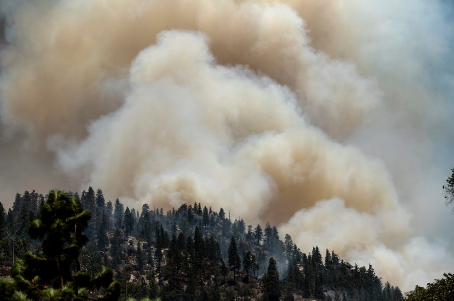 Smoke rises from the Dixie Fire burning along Highway 70 in Plumas National Forest, Calif., on Friday, July 16, 2021. (AP Photo/Noah Berger)