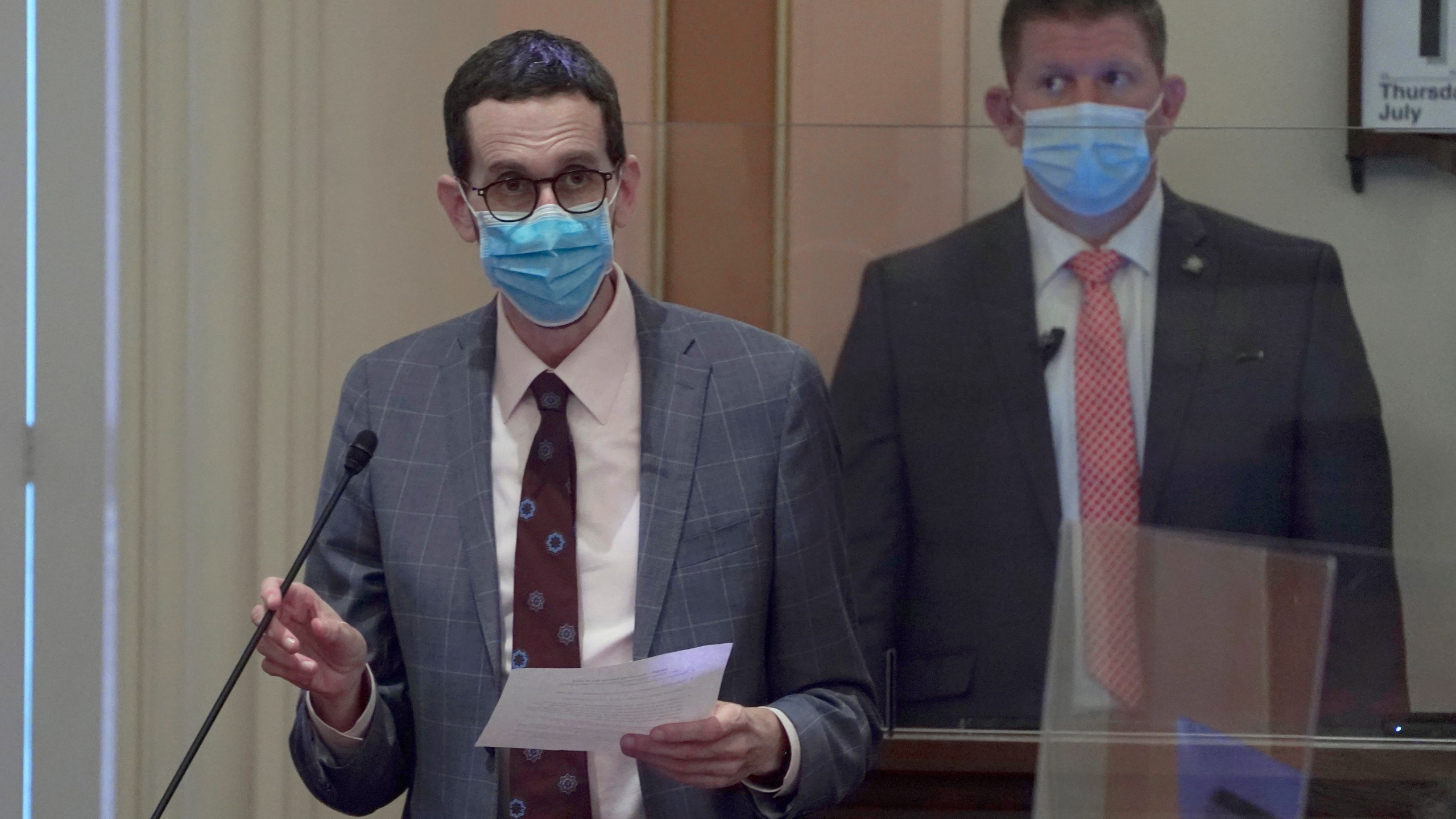 State Sen. Scott Wiener, D-San Francisco, wears a face mask as he speaks on the floor of the Senate in Sacramento, Calif., on July 15, 2021. (AP Photo/Rich Pedroncelli)