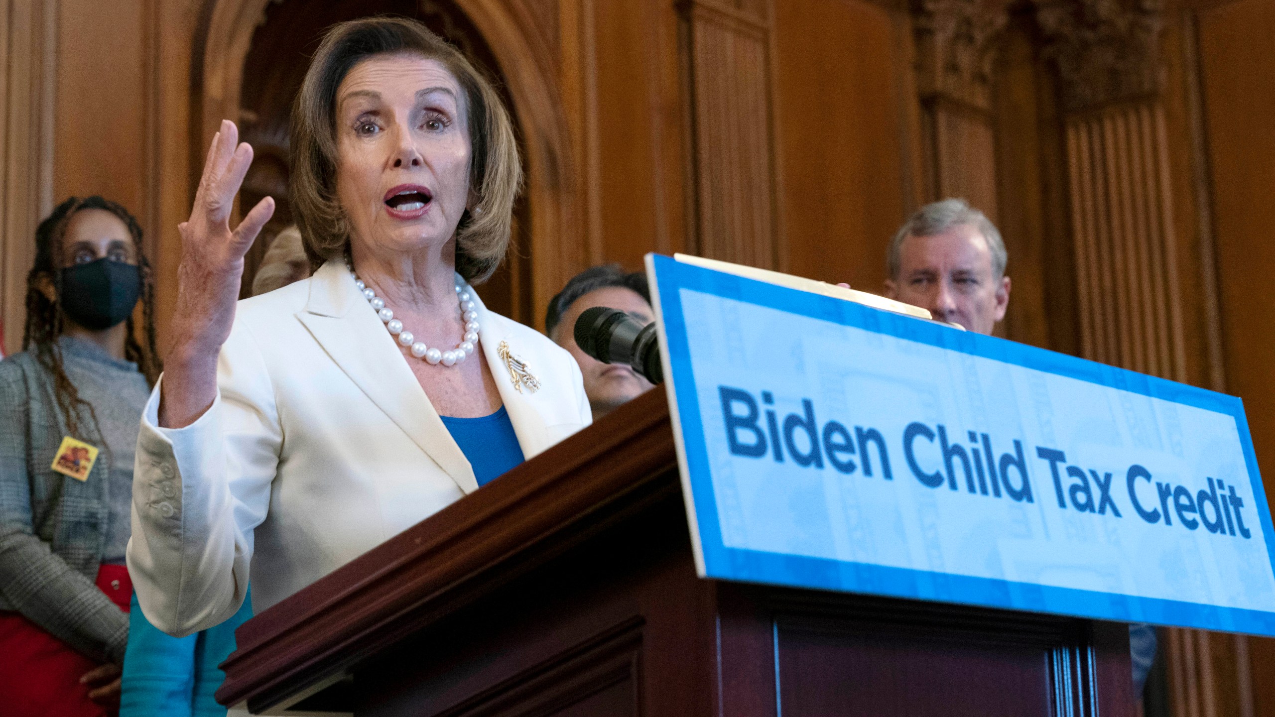 Speaker of the House Nancy Pelosi, D-Calif., speaks during Biden Child Tax Credit news conference, on Capitol Hill in Washington, Tuesday, July 20, 2021. (AP Photo/Jose Luis Magana)