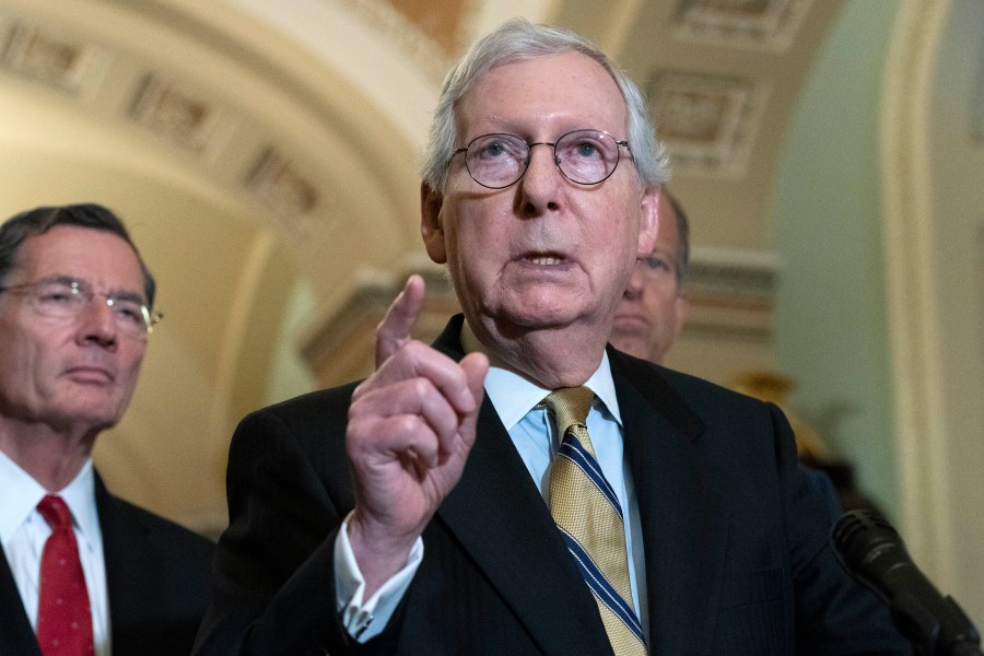 Senate Minority Leader Mitch McConnell, R-Ky., speaks to the media after a GOP policy luncheon, on Capitol Hill i on Capitol Hill in Washington, Tuesday, July 20, 2021. (AP Photo/Jose Luis Magana)