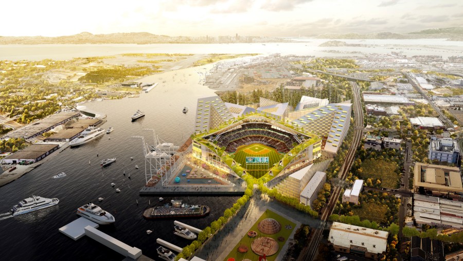 This rendering provided by the Oakland Athletics and BIG - Bjarke Ingels Group shows an elevated view of the baseball club's proposed new at Howard Terminal in Oakland. The Oakland City Council approved preliminary terms for a new $12 billion waterfront ballpark project for the team on July 20, 2021, but it's not clear if the 6-1 vote will be enough to keep the A's at the negotiating table instead of leaving the city. (Courtesy of BIG - Bjarke Ingels Group/Oakland Athletics via AP, Fil