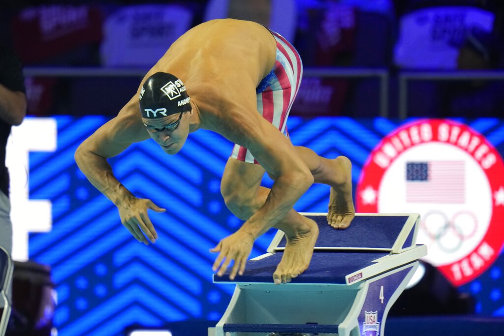 In this June 19, 2021, file photo, Michael Andrew participates in the men's 50 freestyle during wave 2 of the U.S. Olympic Swim Trials in Omaha, Neb. (AP Photo/Jeff Roberson, File)