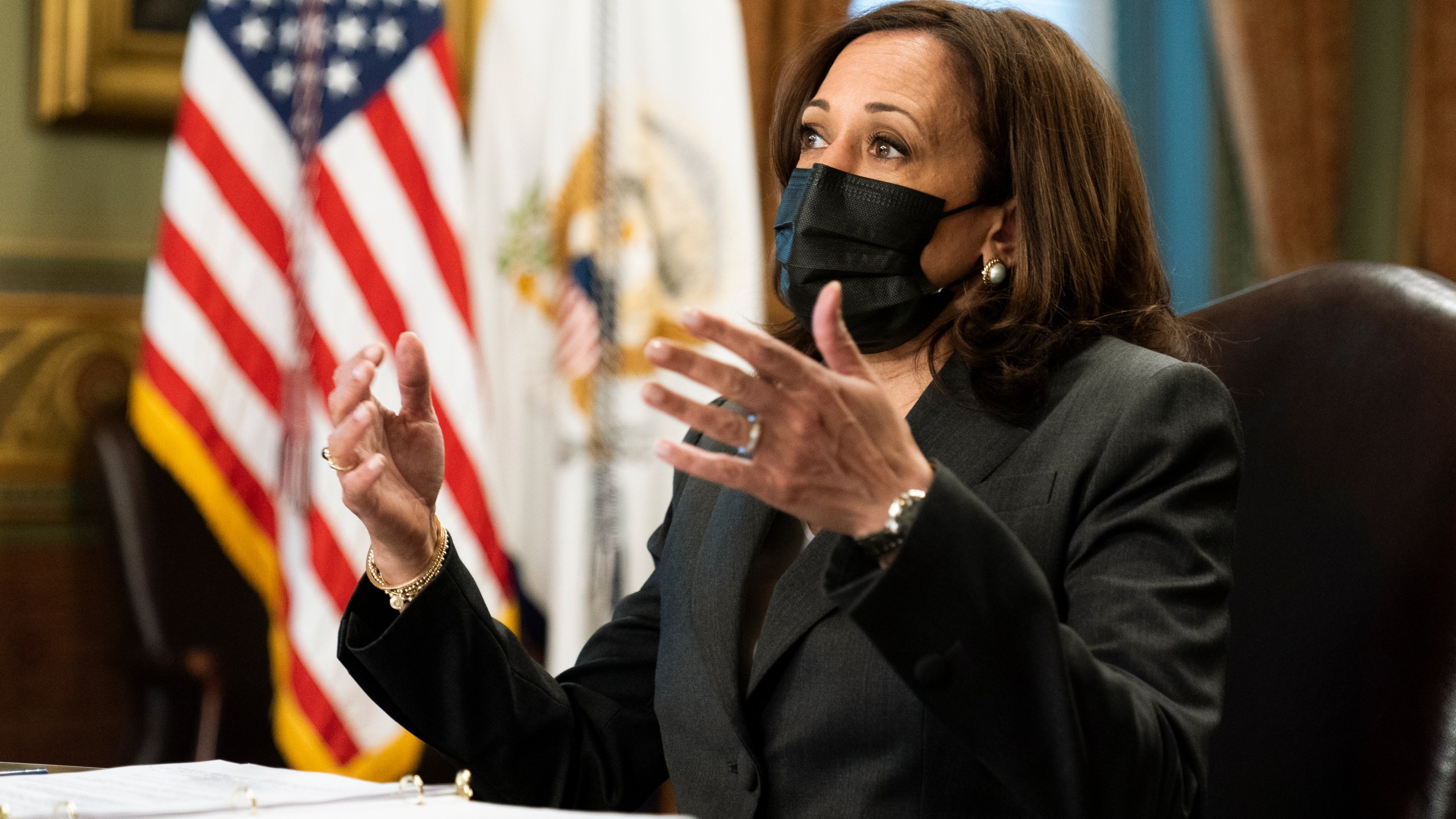 Vice President Kamala Harris speaks during a meeting with Native American community leaders about voting rights together with Secretary of the Interior Deb Haaland, in the Vice President's Ceremonial Office at the Eisenhower Executive Office Building on the White House complex, in Washington, Tuesday, July 27, 2021. (AP Photo/Manuel Balce Ceneta)