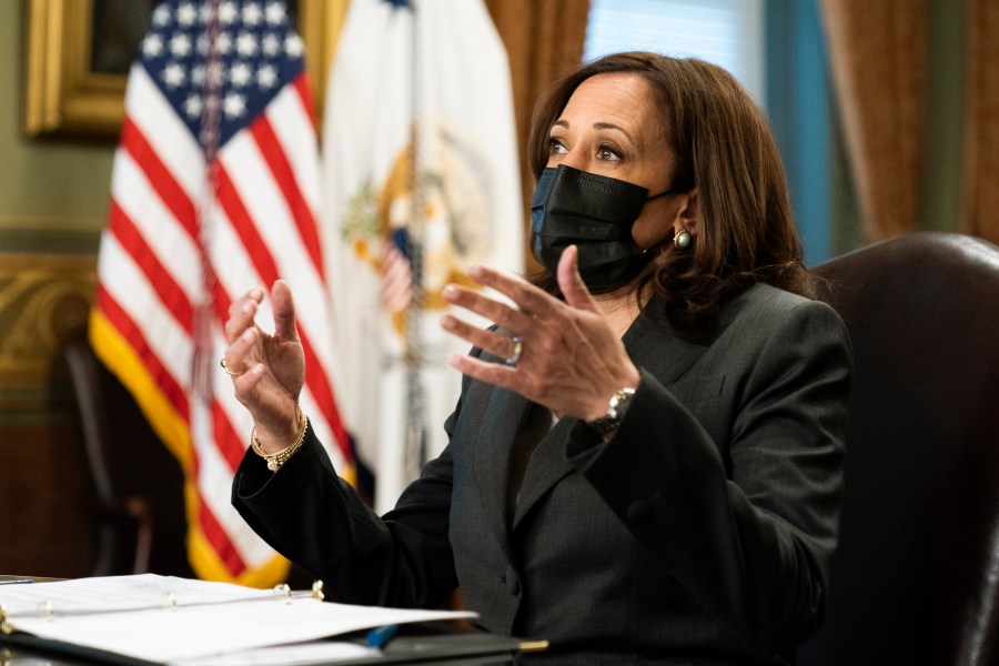 Vice President Kamala Harris speaks during a meeting with Native American community leaders about voting rights together with Secretary of the Interior Deb Haaland, in the Vice President's Ceremonial Office at the Eisenhower Executive Office Building on the White House complex, in Washington, Tuesday, July 27, 2021. (AP Photo/Manuel Balce Ceneta)